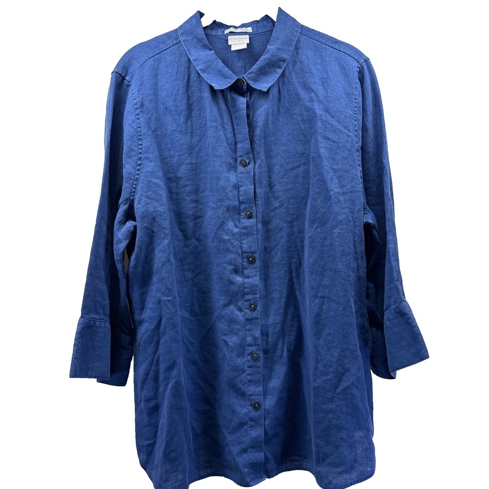 Chicos Women's Top Blouse Size Large 100% Linen Solid Blue Button Up 3/4 Sleeves